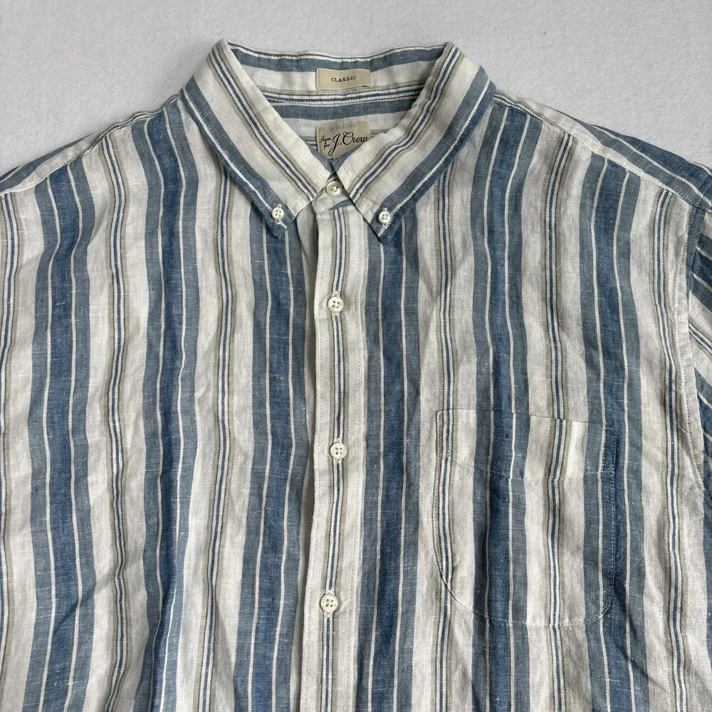 J. Crew Irish Linen Button Down Shirt Mens XL Striped Short Sleeve Preppy Resort